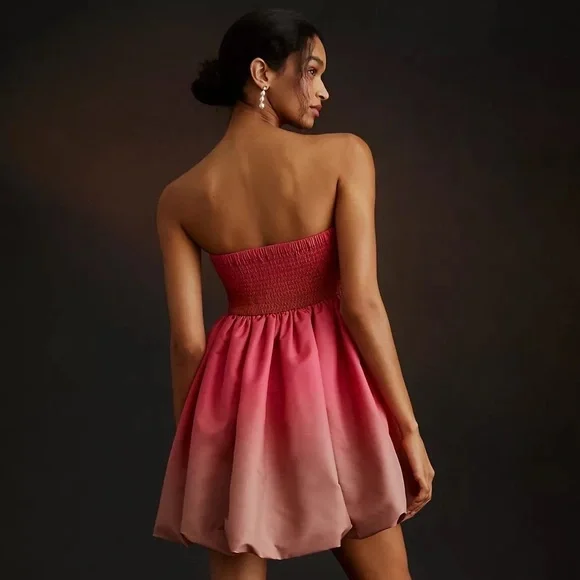 ANTHROPOLOGIE Ombre Bubble Strapless Mini Dress Smocked Pink Vineet Bahl 6 NWT